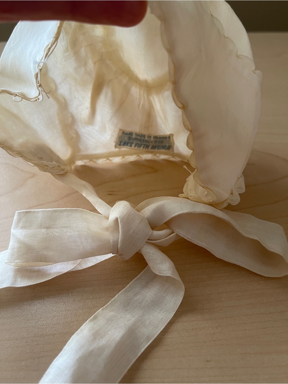 Saks Fifth Avenue Cream Sheer Silk Baby Bonnet with Scalloped Edge